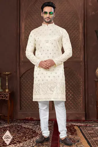 Cream colour kurta pajama set with zari embroidery & fancy buttons