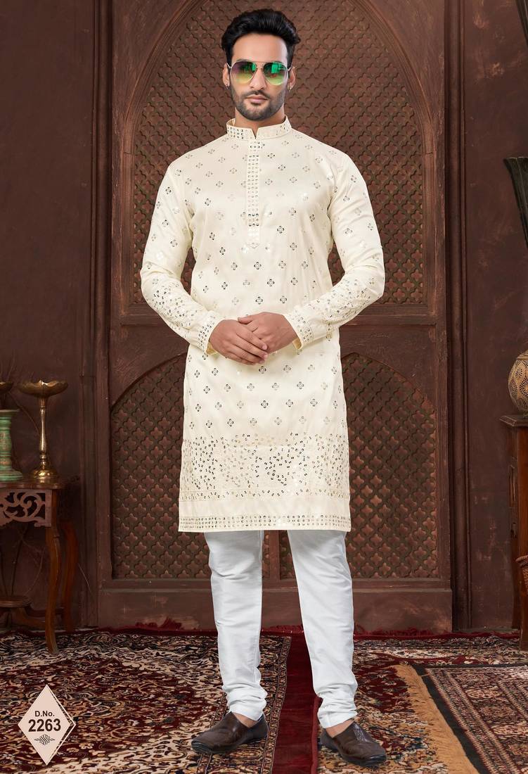 Cream colour kurta pajama set with zari embroidery & fancy buttons
