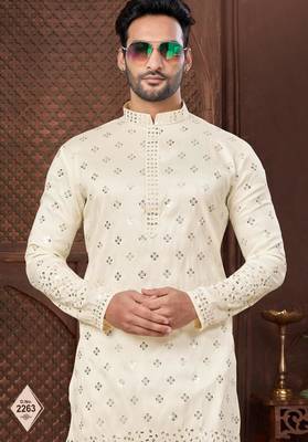 Cream colour kurta pajama set with zari embroidery & fancy buttons 2