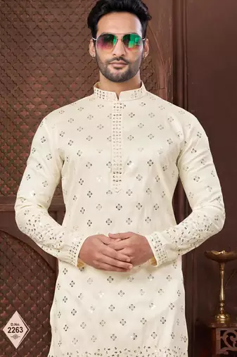 Cream colour kurta pajama set with zari embroidery & fancy buttons