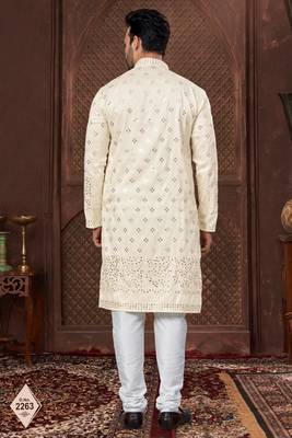 Cream colour kurta pajama set with zari embroidery & fancy buttons 3