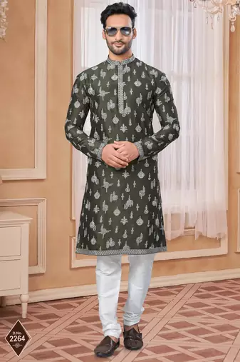 Mehndi colour kurta pajama set with zari embroidery & fancy buttons