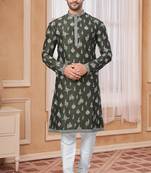 Mehndi colour kurta pajama set with zari embroidery & fancy buttons