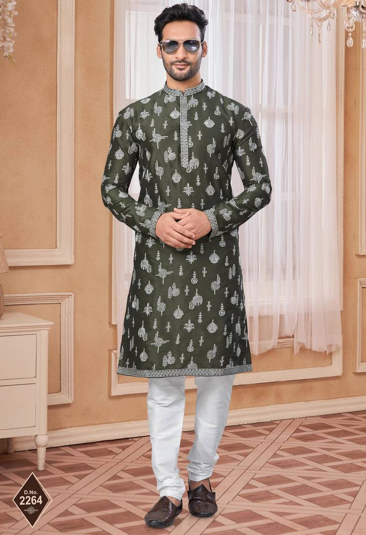 Mehndi colour kurta pajama set with zari embroidery & fancy buttons