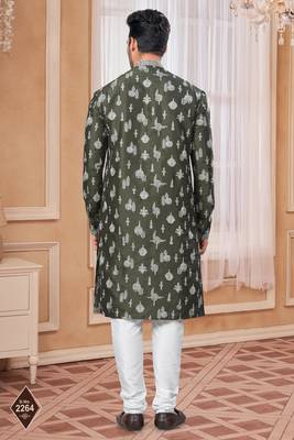 Mehndi colour kurta pajama set with zari embroidery & fancy buttons 3