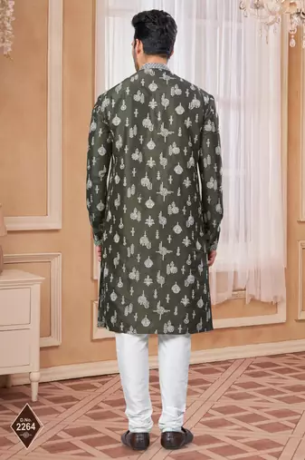 Mehndi colour kurta pajama set with zari embroidery & fancy buttons