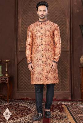 Multy colour digital-printed silk kurta pajama set with threadwork neckline 1