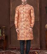 Multy colour digital-printed silk kurta pajama set with threadwork neckline