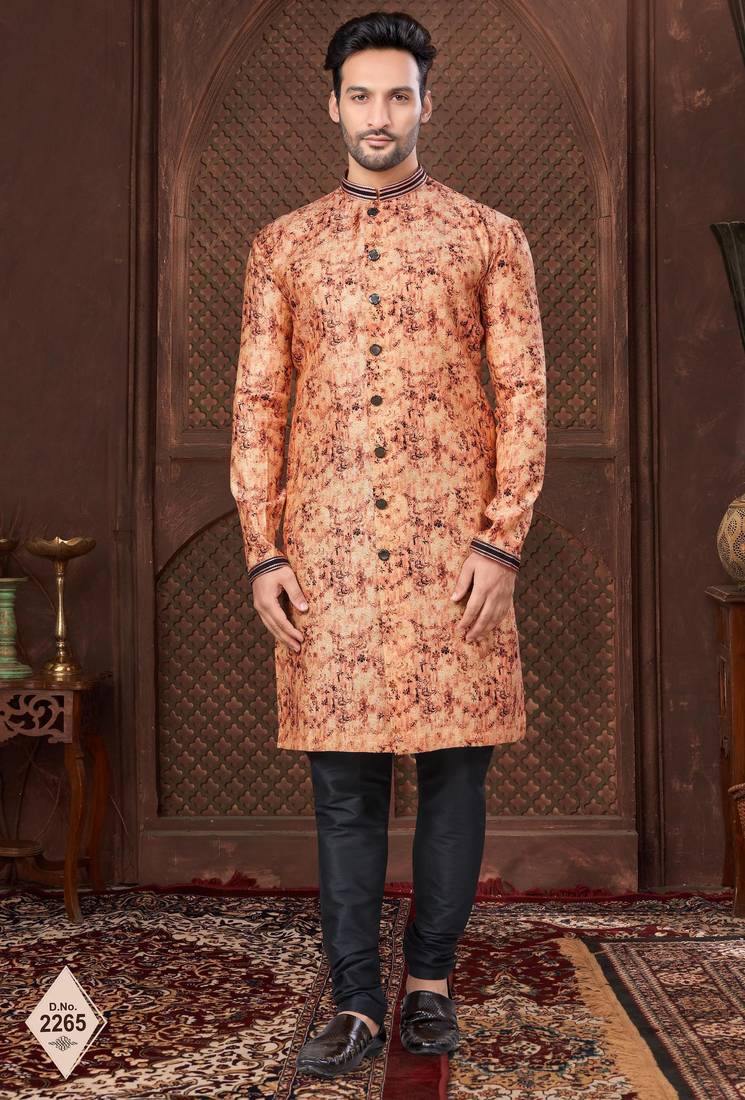 Multy colour digital-printed silk kurta pajama set with threadwork neckline
