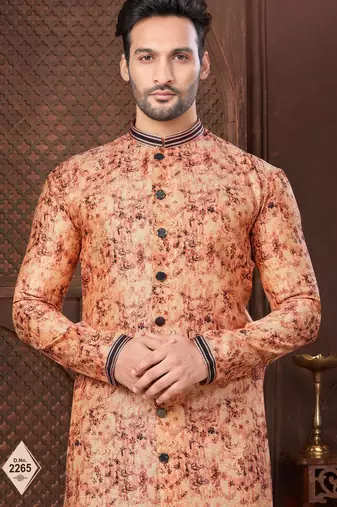 Multy colour digital-printed silk kurta pajama set with threadwork neckline