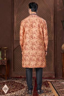 Multy colour digital-printed silk kurta pajama set with threadwork neckline 3