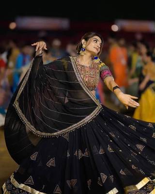 Black Cotton Navratri Mirror Work Lehenga Choli With Dupatta 3