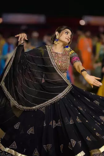 Black Cotton Navratri Mirror Work Lehenga Choli With Dupatta