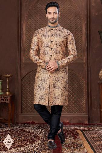 Multy colour digital-printed silk kurta pajama set with threadwork neckline