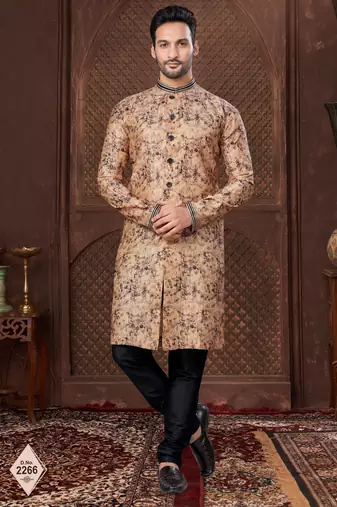 Multy colour digital-printed silk kurta pajama set with threadwork neckline