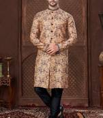 Multy colour digital-printed silk kurta pajama set with threadwork neckline