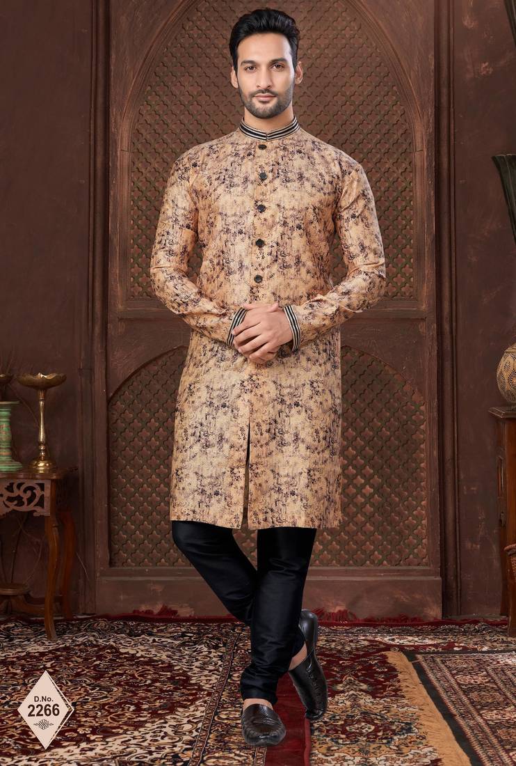 Multy colour digital-printed silk kurta pajama set with threadwork neckline