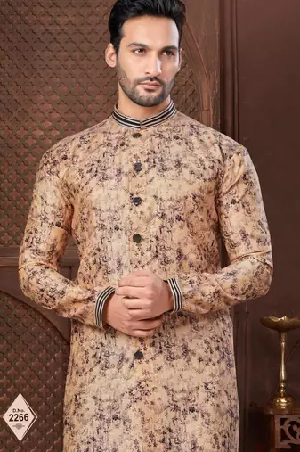 Multy colour digital-printed silk kurta pajama set with threadwork neckline