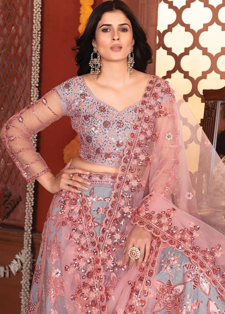Grey Color Thread Embroidery,Sequins Work Silk_Blend Lehenga Choli
