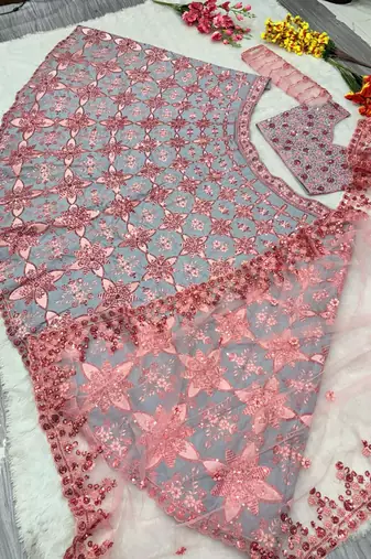 Grey Color Thread Embroidery,Sequins Work Silk_Blend Lehenga Choli