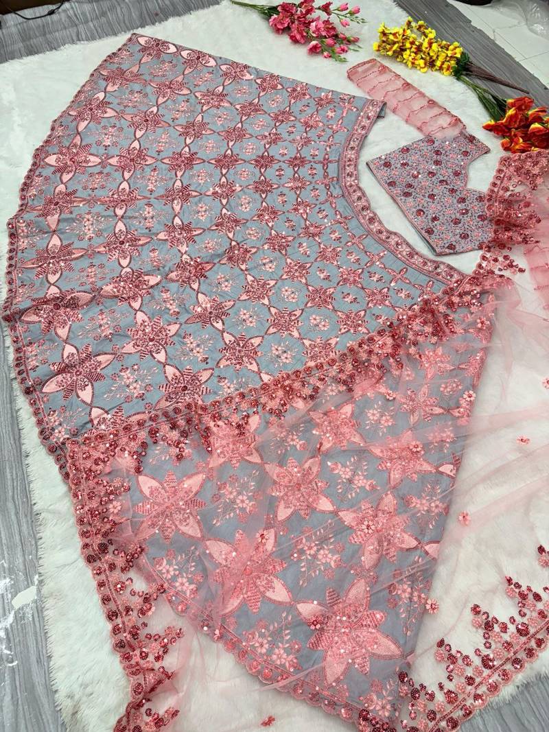 Grey Color Thread Embroidery,Sequins Work Silk_Blend Lehenga Choli