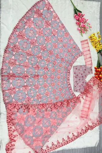 Grey Color Thread Embroidery,Sequins Work Silk_Blend Lehenga Choli