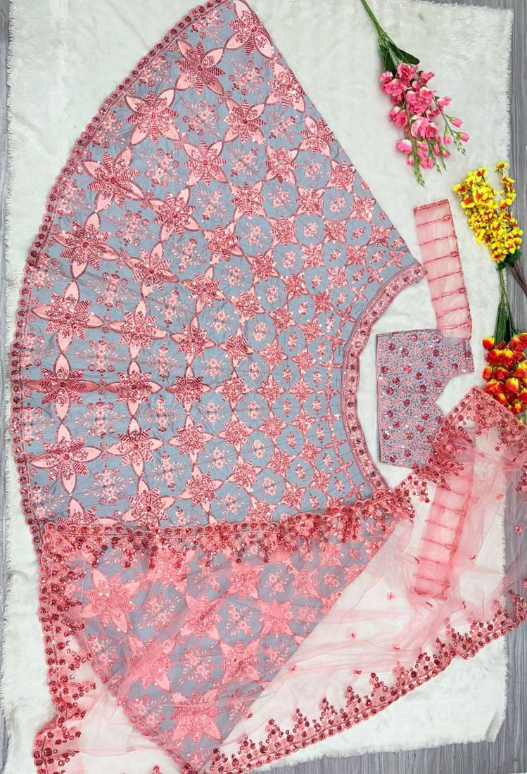 Grey Color Thread Embroidery,Sequins Work Silk_Blend Lehenga Choli