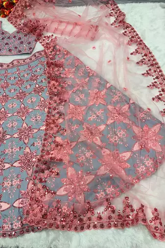 Grey Color Thread Embroidery,Sequins Work Silk_Blend Lehenga Choli
