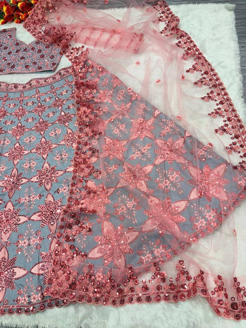 Grey Color Thread Embroidery,Sequins Work Silk_Blend Lehenga Choli