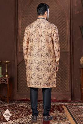 Multy colour digital-printed silk kurta pajama set with threadwork neckline 3