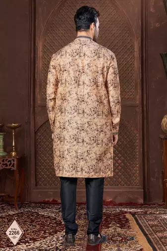 Multy colour digital-printed silk kurta pajama set with threadwork neckline