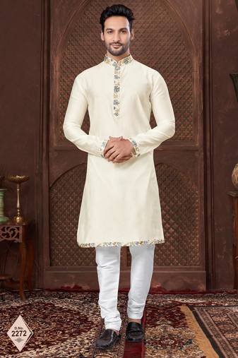 Cream plain kurta pajama set with subtle work