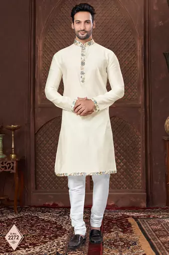 Cream plain kurta pajama set with subtle work
