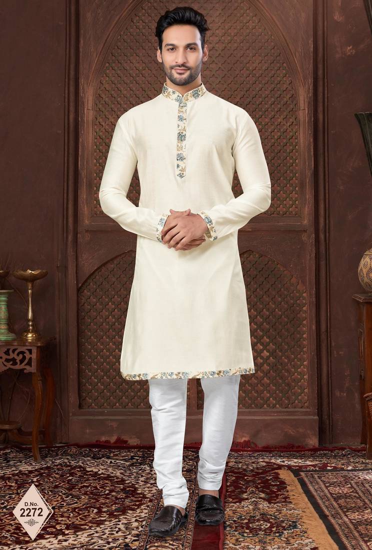 Cream plain kurta pajama set with subtle work