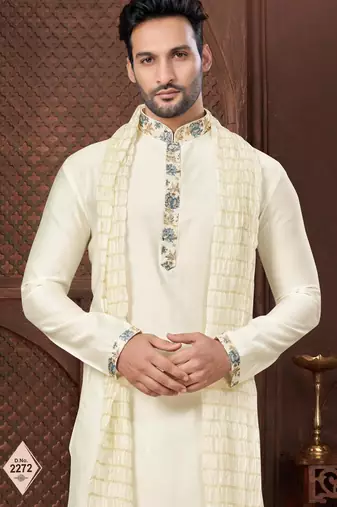 Cream plain kurta pajama set with subtle work
