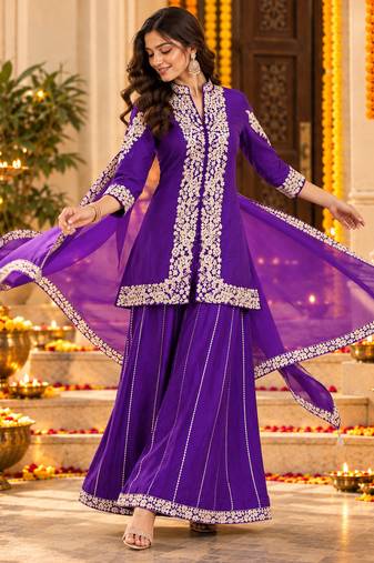 Women's cording and sequin work chinon kurta set with dupatta
