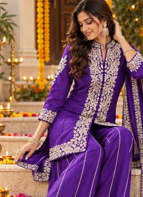 Women's cording and sequin work chinon kurta set with dupatta 2