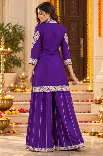 Women's cording and sequin work chinon kurta set with dupatta
