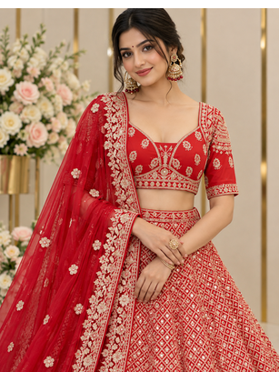 Red Color Sequins,Dori And Jaru Work Satin Lehenga Choli 2
