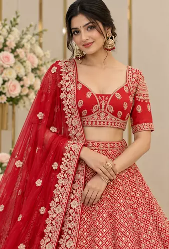 Red Color Sequins,Dori And Jaru Work Satin Lehenga Choli
