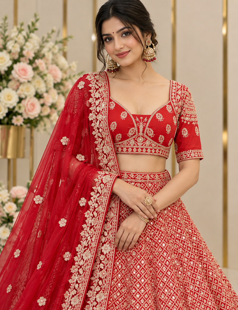 Red Color Sequins,Dori And Jaru Work Satin Lehenga Choli