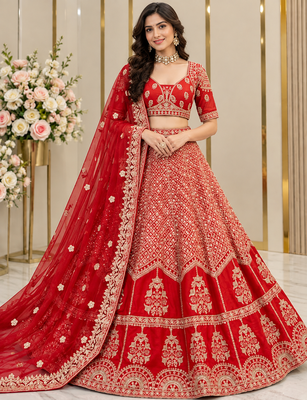 Red Color Sequins,Dori And Jaru Work Satin Lehenga Choli 1