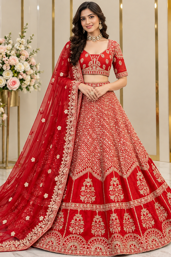 Red Color Sequins,Dori And Jaru Work Satin Lehenga Choli
