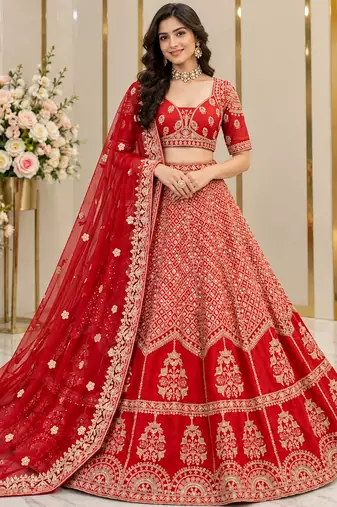 Red Color Sequins,Dori And Jaru Work Satin Lehenga Choli