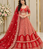 Red Color Sequins,Dori And Jaru Work Satin Lehenga Choli