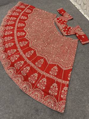 Red Color Sequins,Dori And Jaru Work Satin Lehenga Choli 3