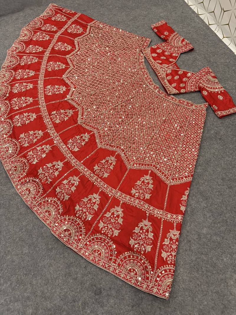 Red Color Sequins,Dori And Jaru Work Satin Lehenga Choli