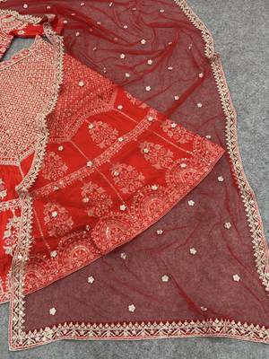 Red Color Sequins,Dori And Jaru Work Satin Lehenga Choli 4