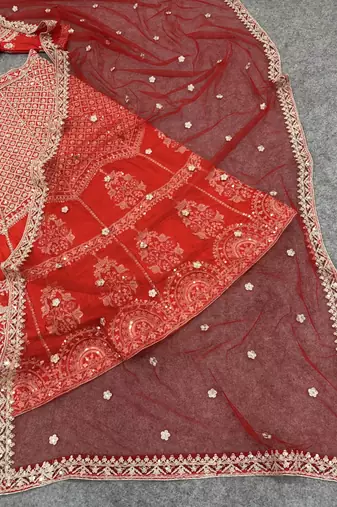 Red Color Sequins,Dori And Jaru Work Satin Lehenga Choli