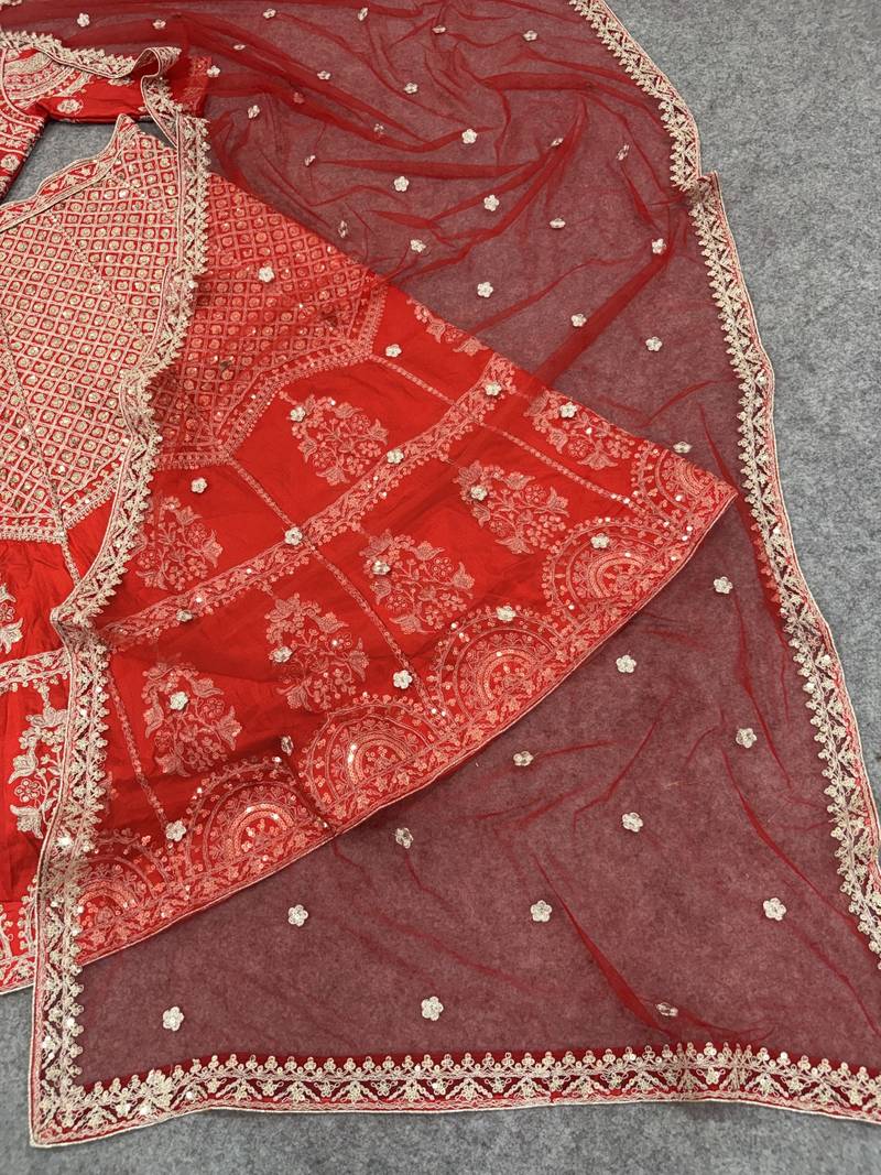 Red Color Sequins,Dori And Jaru Work Satin Lehenga Choli